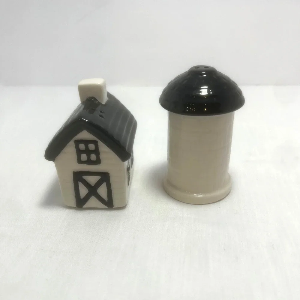 Farmhouse Salt & Pepper Shakers Set Barn & Silo Black White Ceramic Rustic Decor